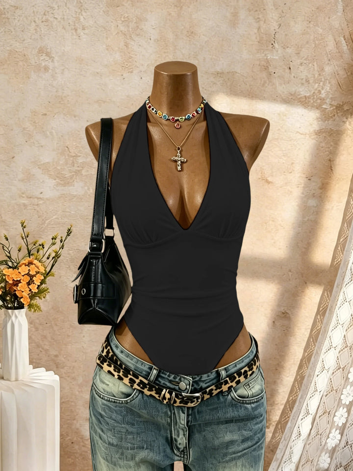 Chic Y2K Halter Bodysuit Deep V Neck Slim Fit