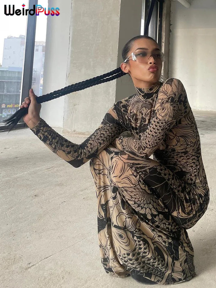 Weird Puss Mesh Print Maxi Dress Turtleneck