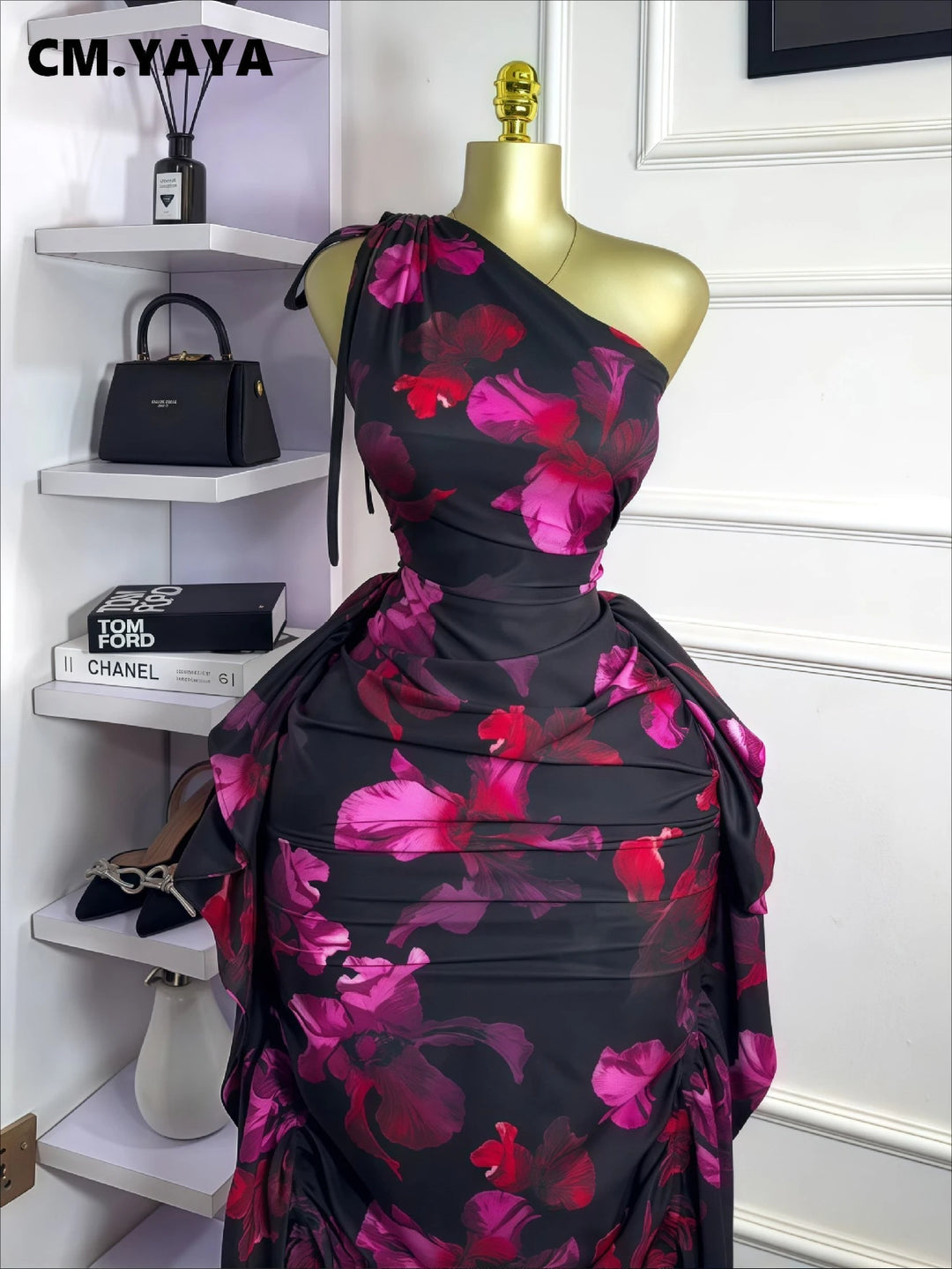 Floral One Shoulder Sleeveless Ruched Bodycon Dress