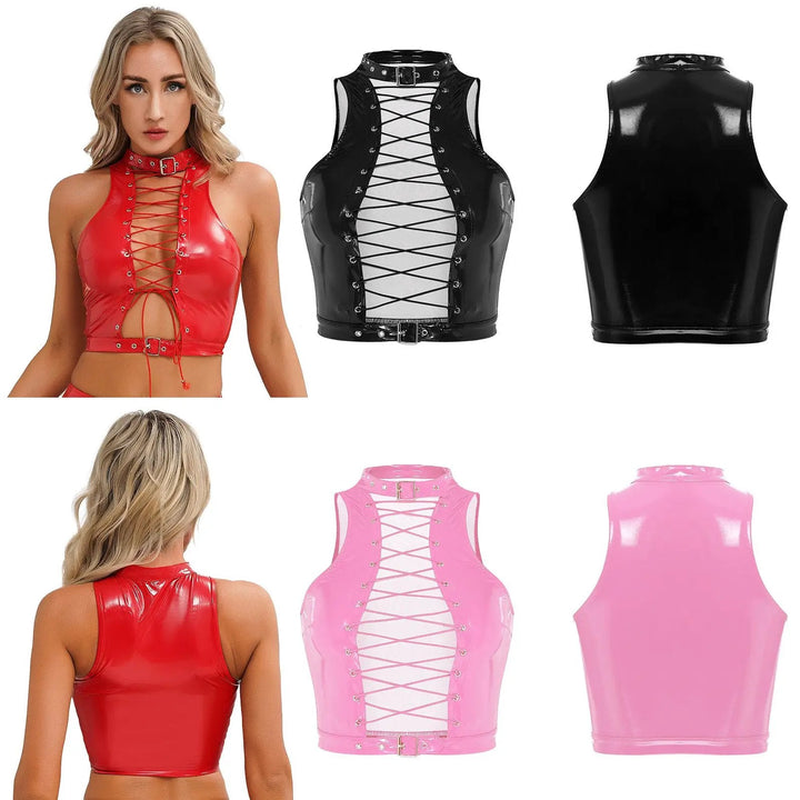Women Leather Vest Gothic Steampunk Wet Look Hollow Out T-shirt Slim Bodycon Streetwear Sleeveless Crop Top Party Clubwear