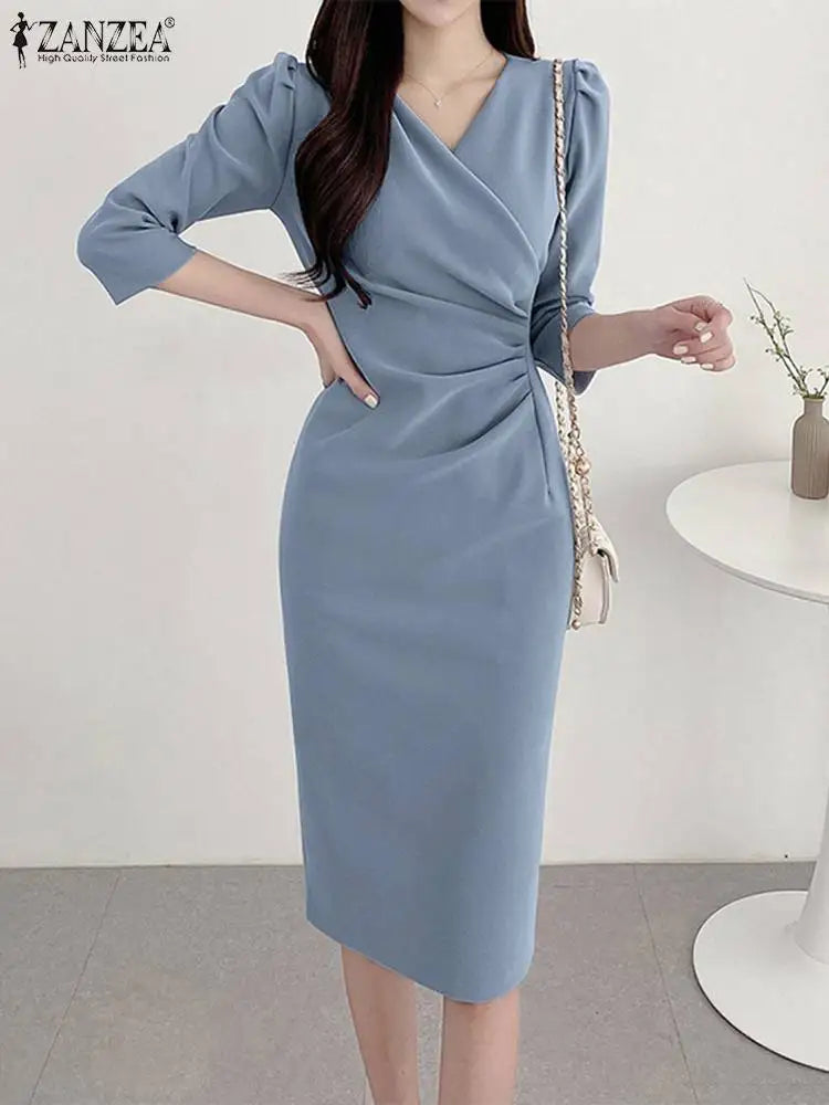 ZANZEA Women V Neck Bodycon Party Dress Ruched