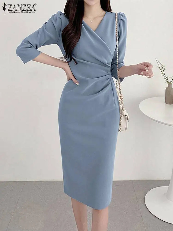ZANZEA Women V Neck Bodycon Party Dress Ruched