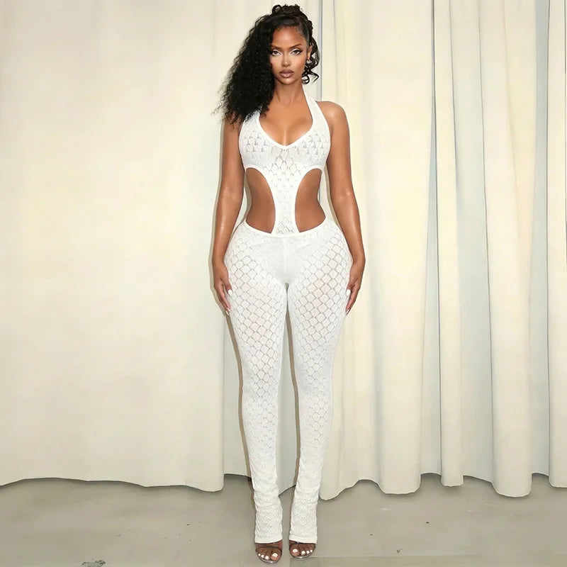 Fagadoer Lace Patchwork Bodycon Backless Jumpsuit