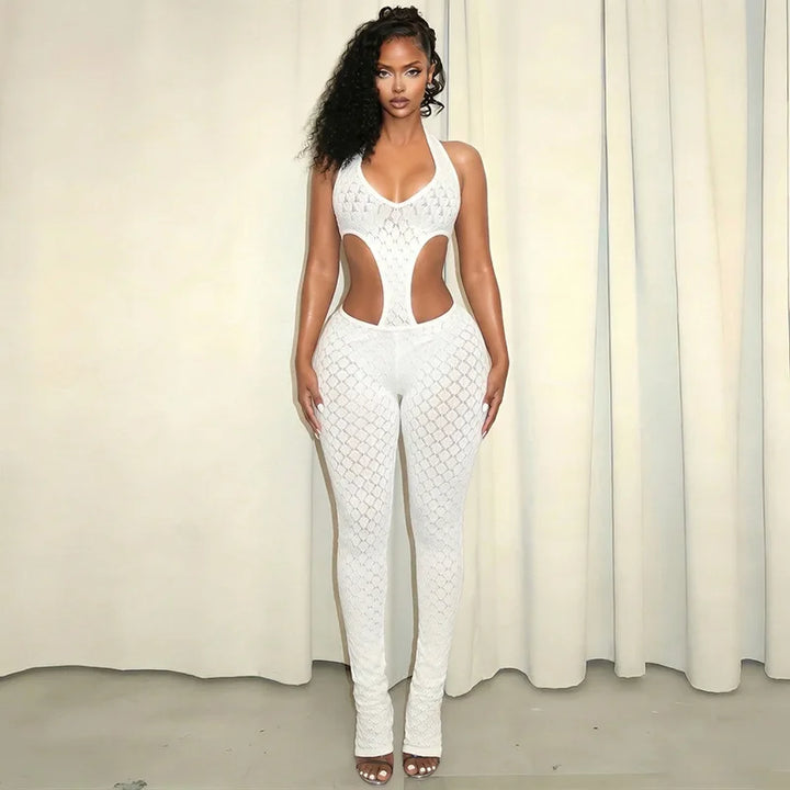 Fagadoer Lace Patchwork Bodycon Backless Jumpsuit