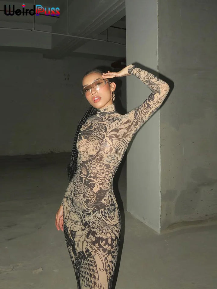 Premium Y2K Weird Puss Mesh Bodycon Maxi Dress