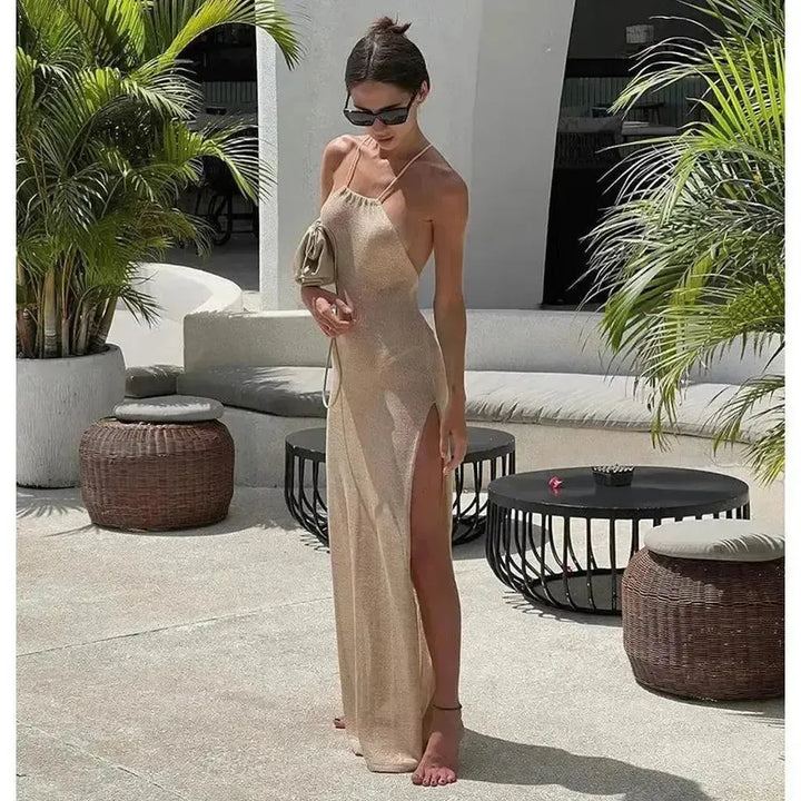 Knitted Beach Cover Up Sexy Maxi Bodycon Slit Dress