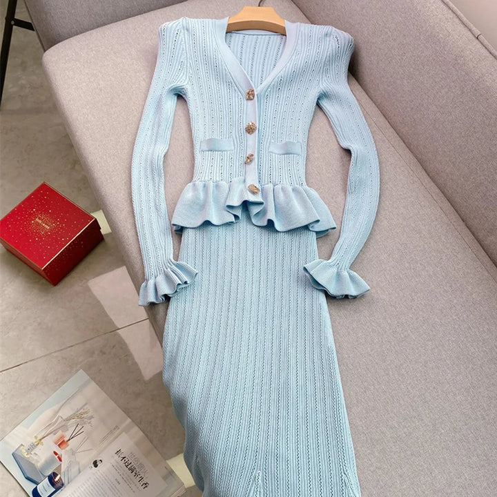 YuooMuoo Knit Maxi Dress V Neck Ruffles Slim Waist