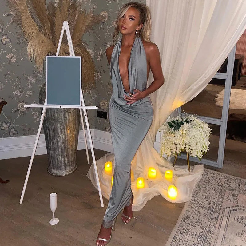 Elegant Backless Halter Midi Dress Premium Knit