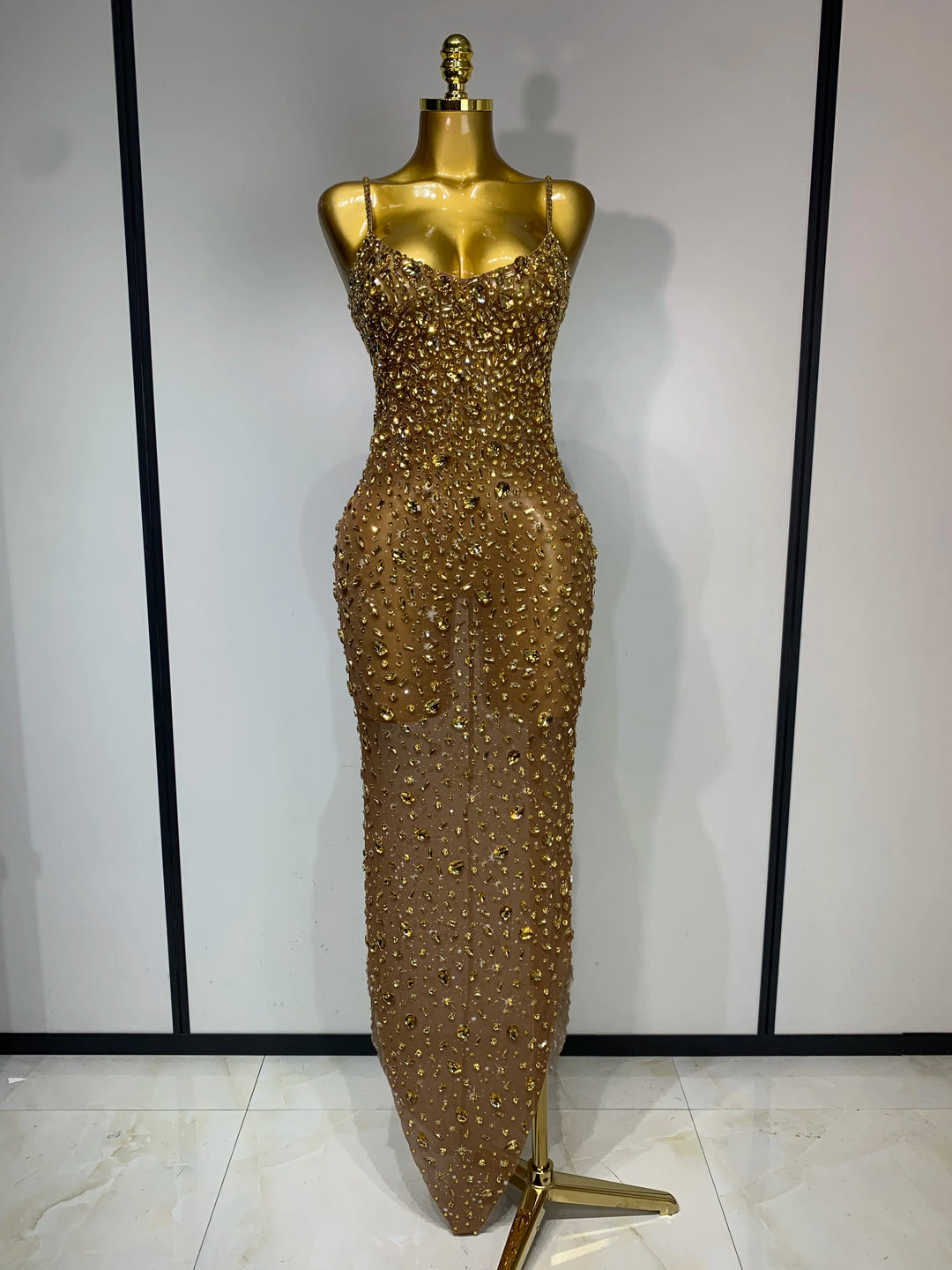 Rhinestone Mesh Bodycon Dress For Women Red Carpet