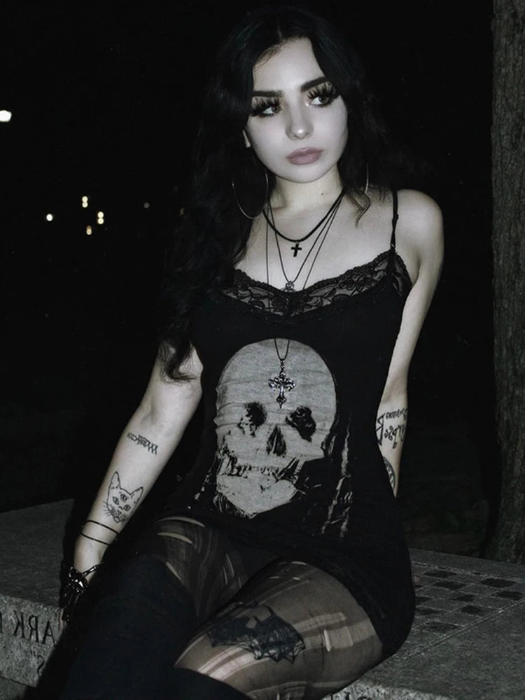 AltGoth Cyberpunk Skull Print High Waist Dress