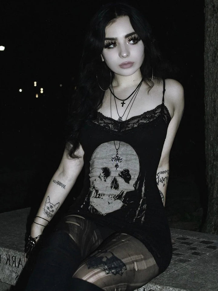 AltGoth Cyberpunk Skull Print High Waist Dress