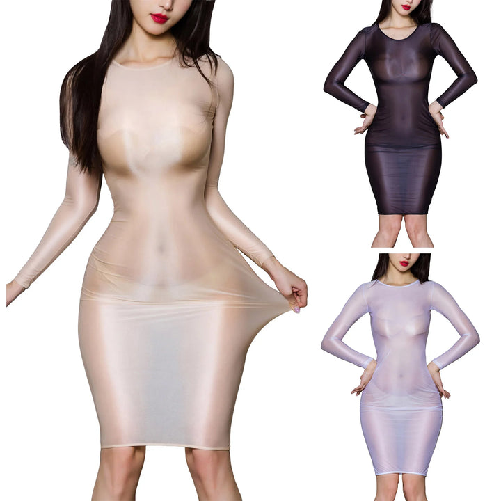 Women Glossy Sheer Bodycon Dress Long Sleeve Club