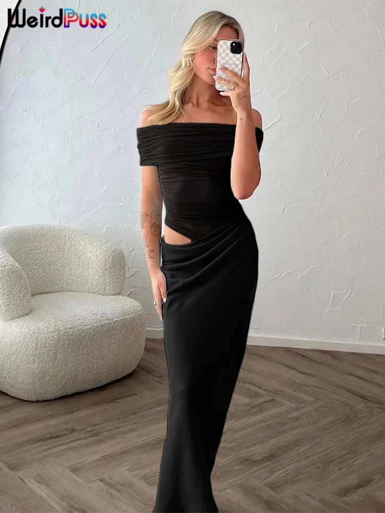 Weird Puss Ruched Mesh Patchwork Slash Neck Dress