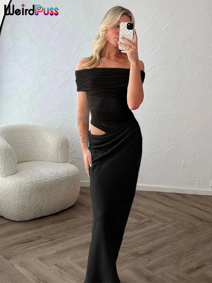 Weird Puss Ruched Mesh Patchwork Slash Neck Dress
