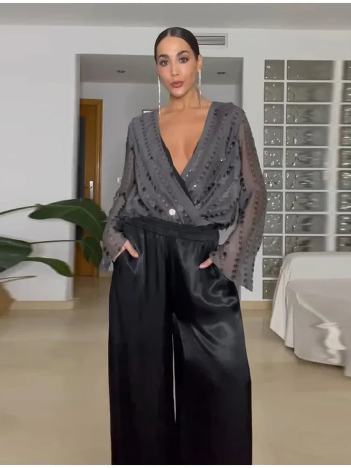 V Neck Layered Sequin Jumpsuit Women Partywear