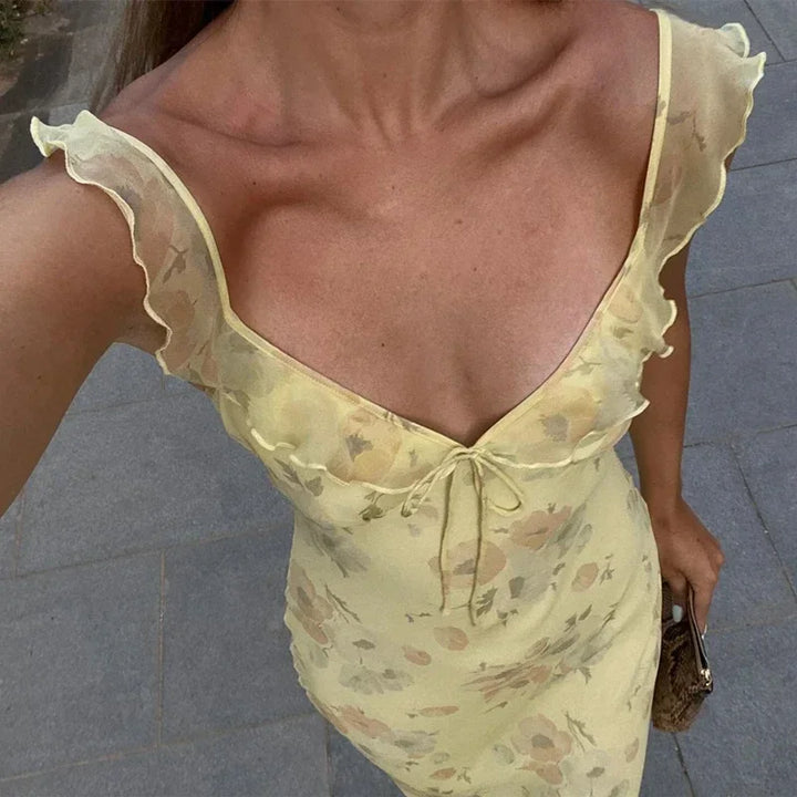 Sunset Yellow Retro V Neck Flower Maxi Dress