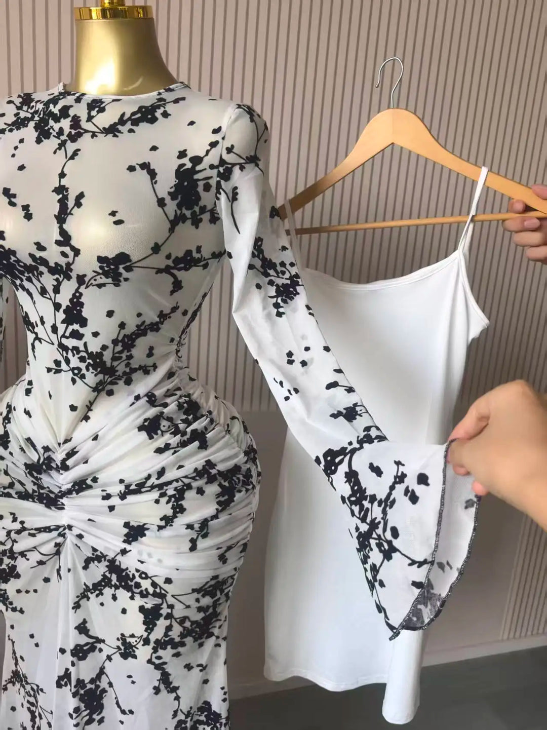 Elegant Long Sleeve Mesh Gown With Sheer Lining