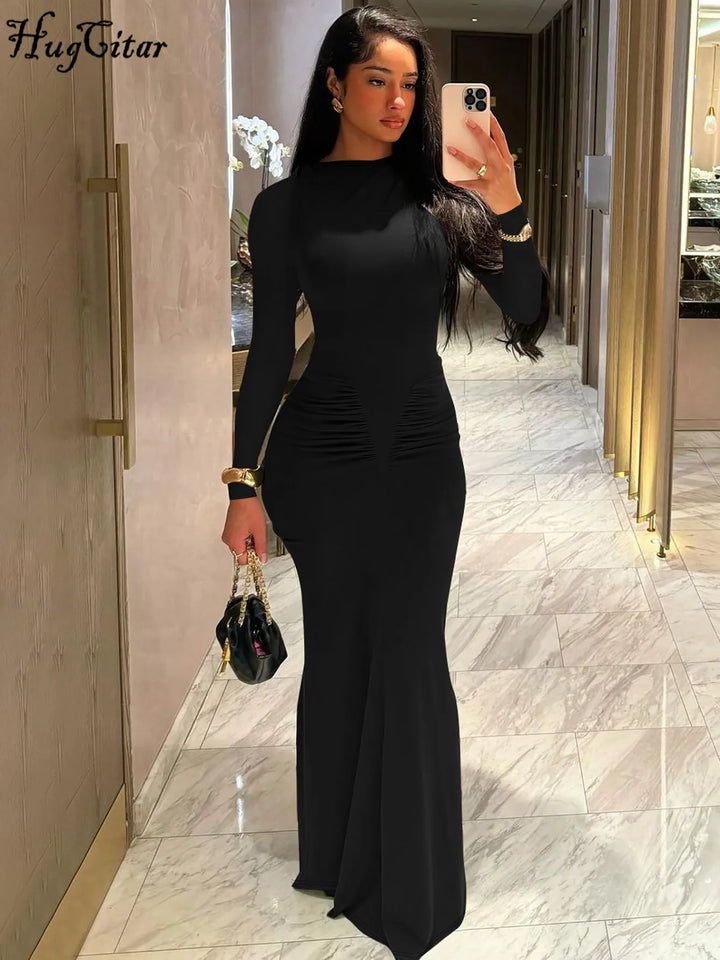 Hugcitar Autumn Solid Y2K Long Sleeve Maxi Dress