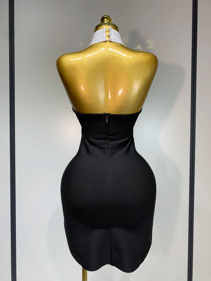Backless White Shirt Collar Black Bandage Dress