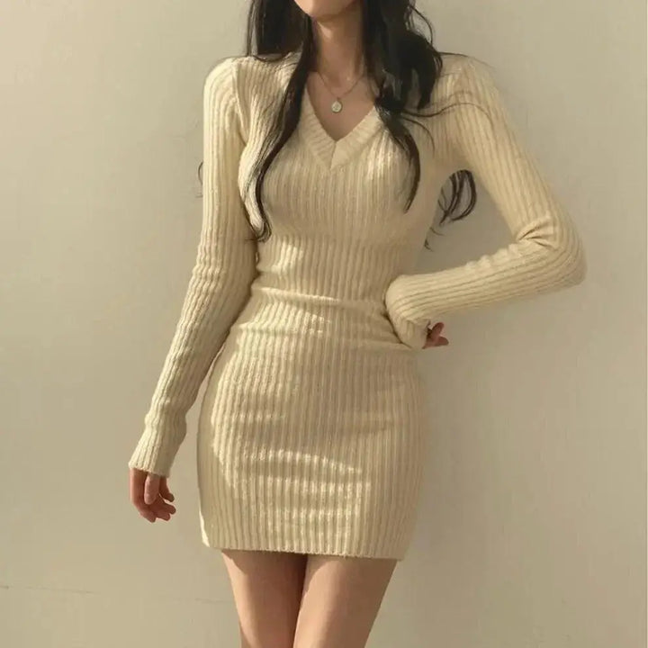 Retro Knit V Neck Bodycon Dress Vintage Fall Winter Sweater