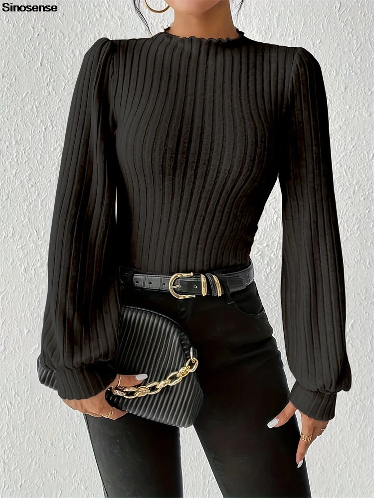 Women Fall Ribbed Knit Bodysuit With Lantern Sleeves Slim Fitted