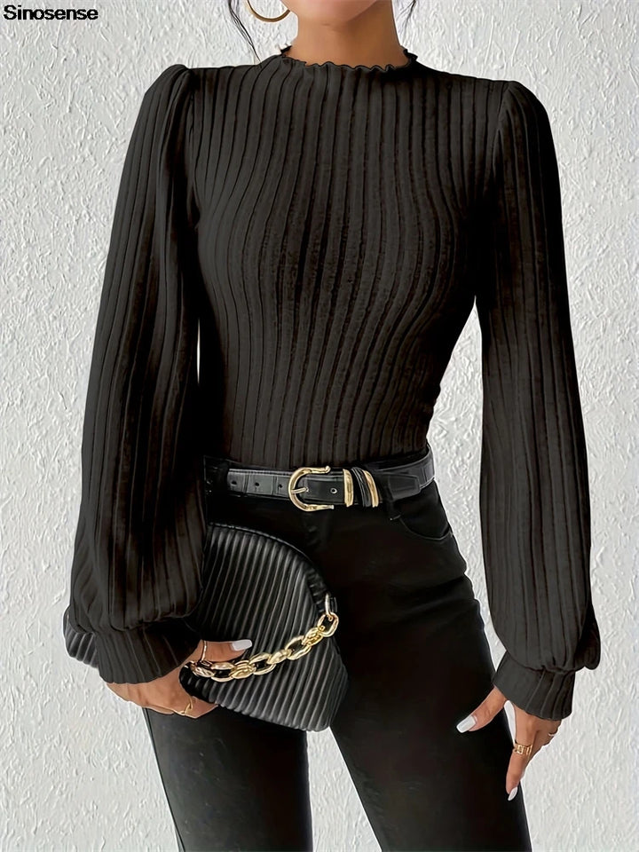 Women Fall Ribbed Knit Bodysuit With Lantern Sleeves Slim Fitted