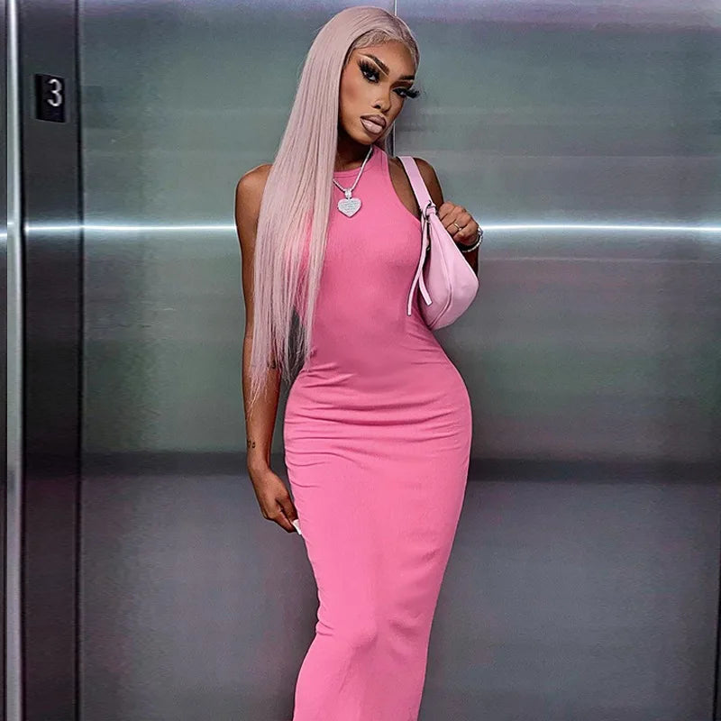 Luxury Architectural Ribbed Sleeveless Maxi Dress
