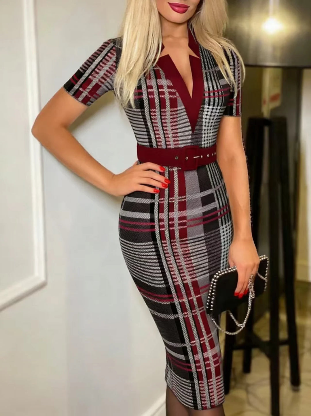 Geometric Pattern V Neck Midi Dress Belt