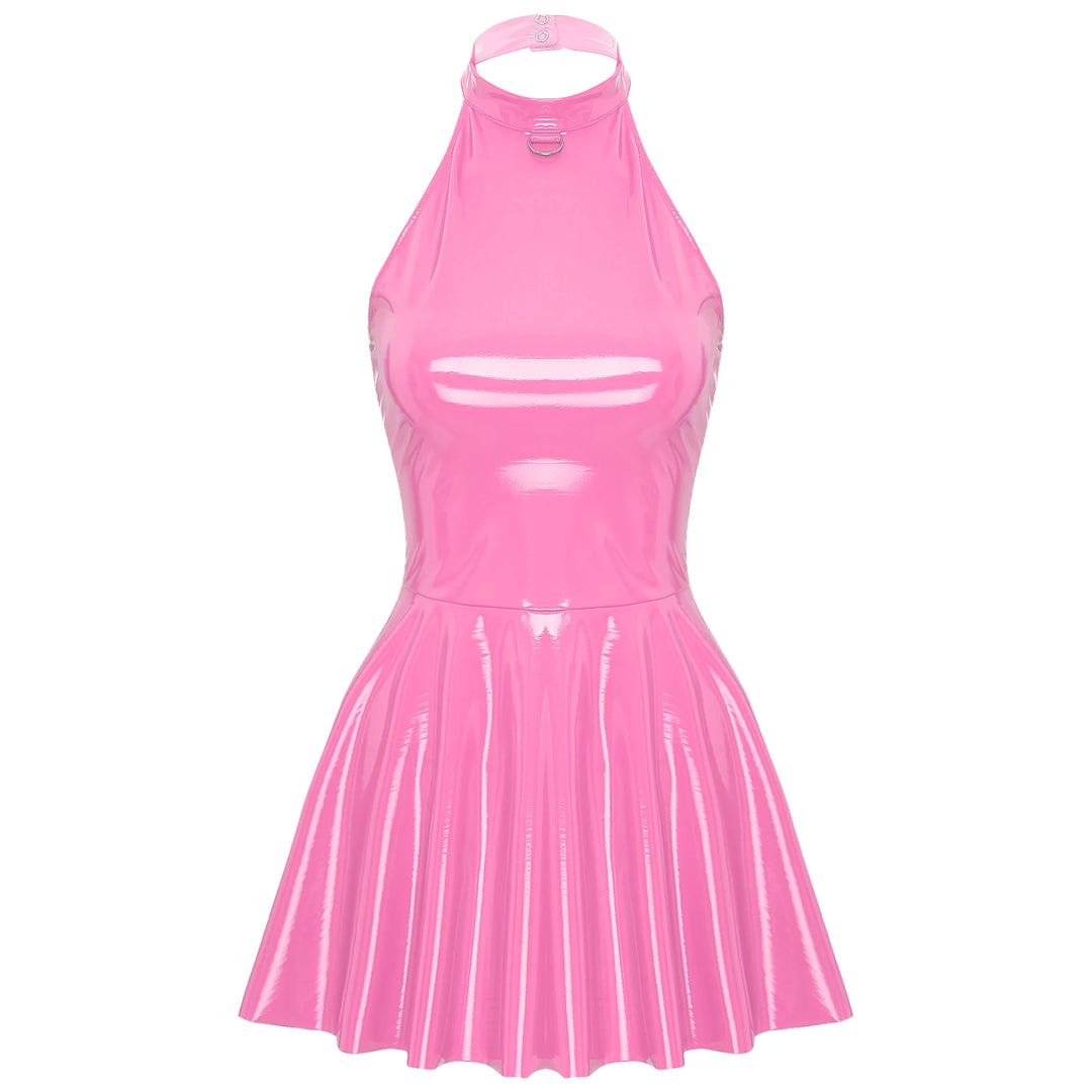 Glossy Patent Leather Mini Dress Disco Clubwear
