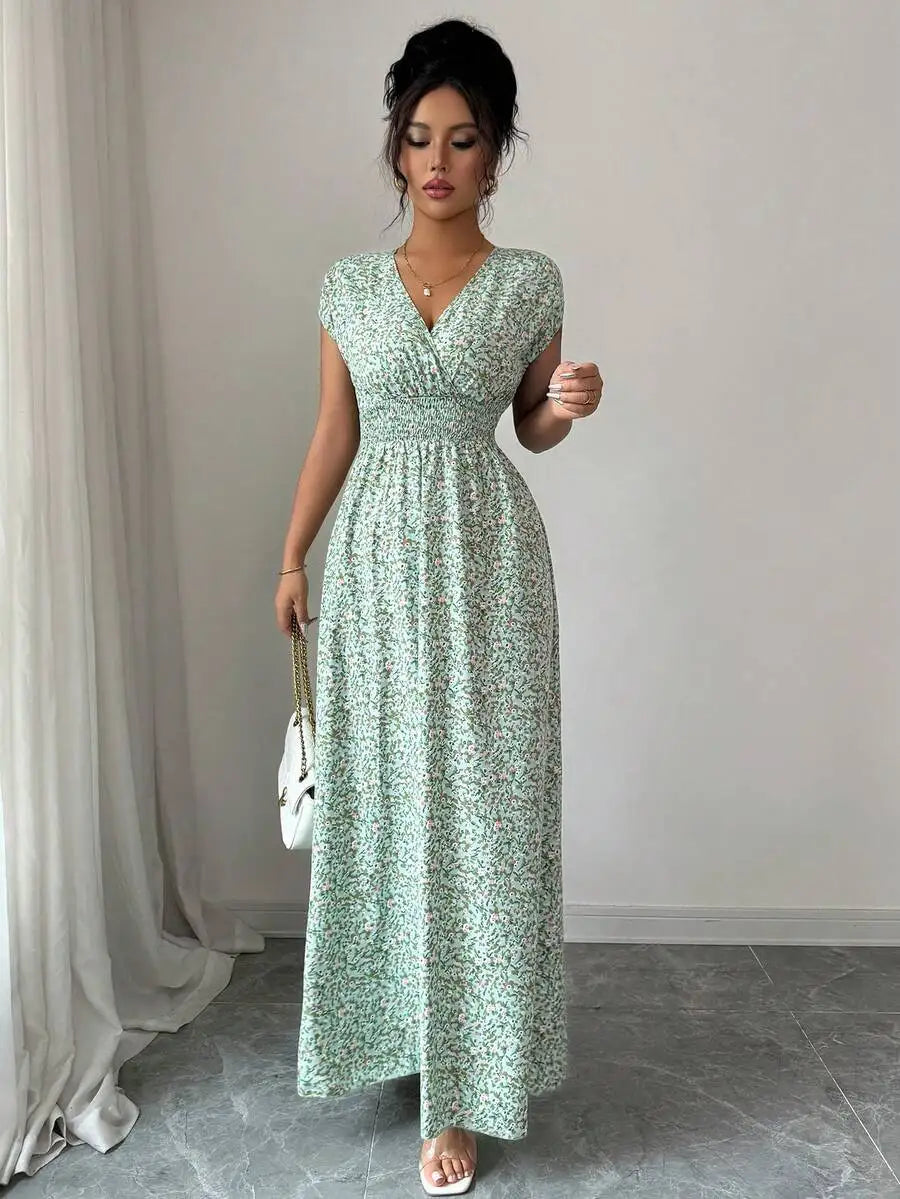 Charming Ditsy Floral V Neck Waisted Maxi Dress