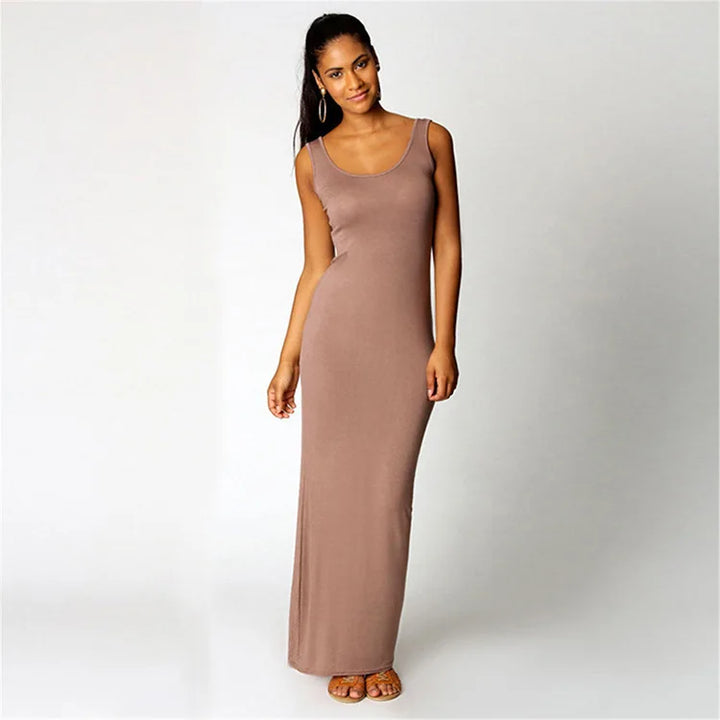 Women Sleeveless Maxi Bodycon Dress Solid Color