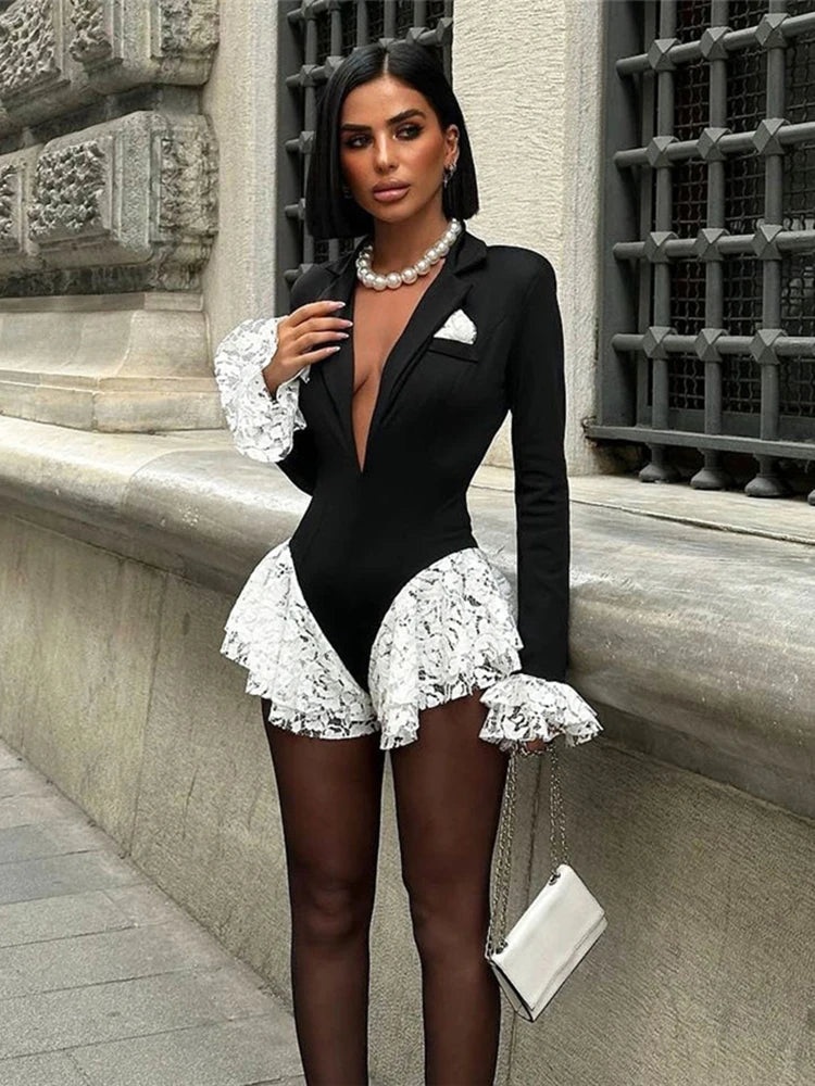 Elegant Stretch Skinny Bodysuit With Ruffle Lapel
