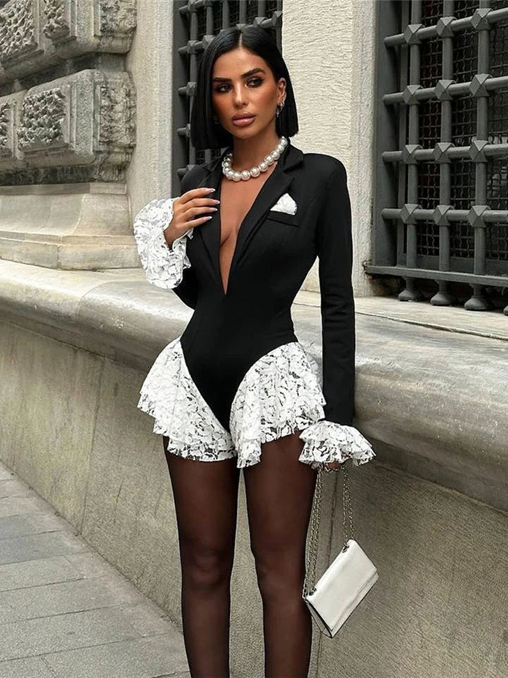 Elegant Stretch Skinny Bodysuit With Ruffle Lapel