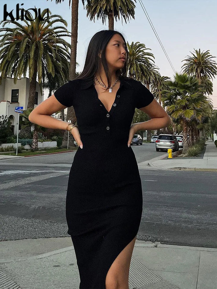 Kliou Elegant Solid Maxi Dress Short Sleeve Body Shaping Office Wear