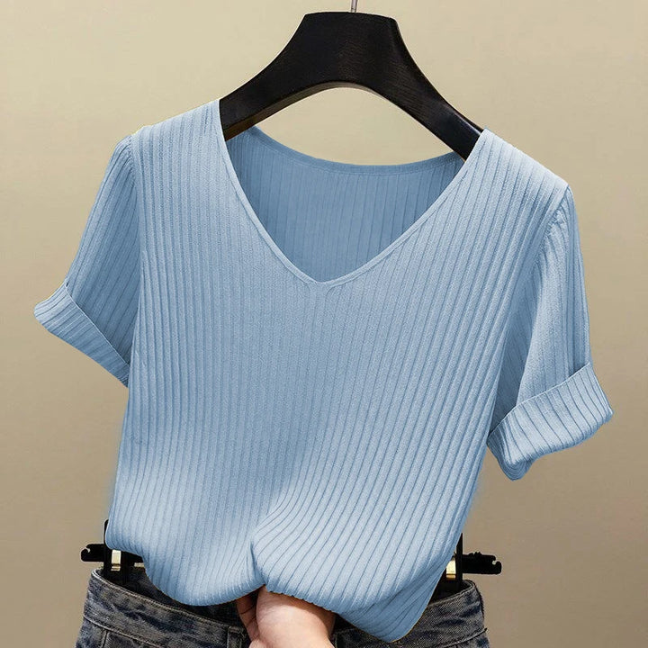 AOSSVIAO 2026 Basic V-neck Solid Thin Summer Women Pullover Female Thin Knitted Ribbed Sweater Slim Short Sleeve Bodycon Sweater
