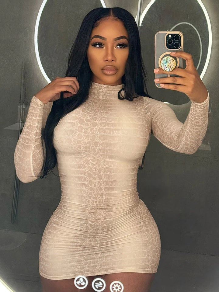 Bold Snake Print Full Sleeve Mini Bodycon Dress