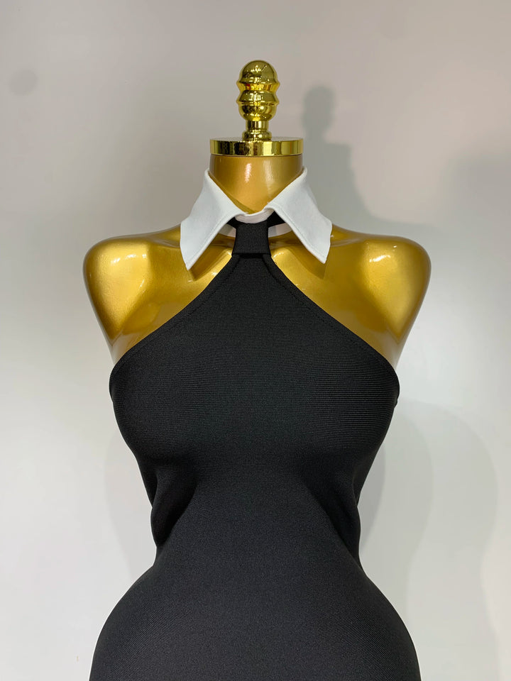 Backless White Shirt Collar Black Bandage Dress
