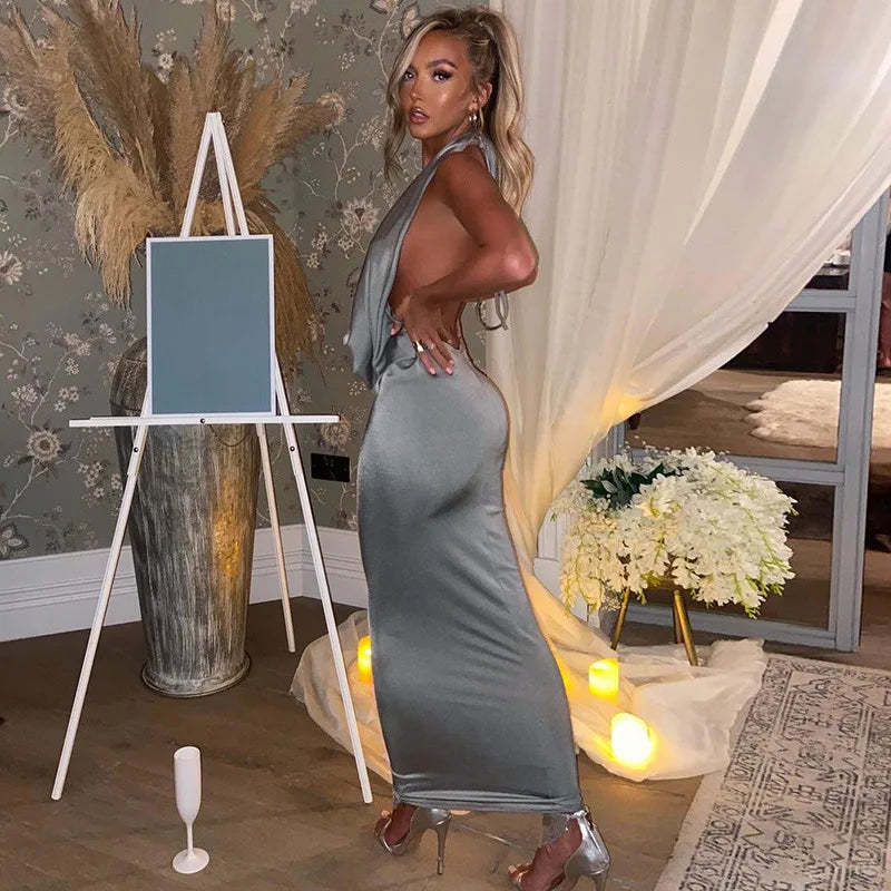 Elegant Backless Halter Midi Dress Premium Knit