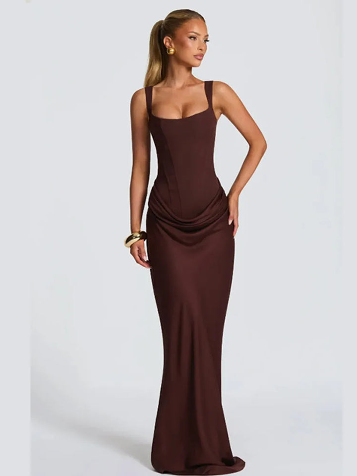 Women Brown Pleated Off Shoulder Maxi Dress