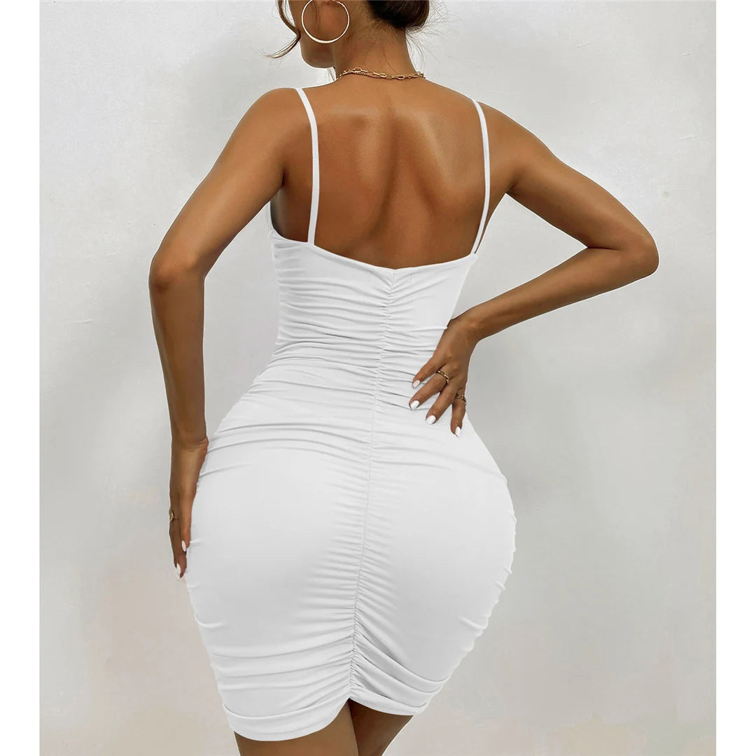 Signature V Neck Pleated Bodycon Mini Dress