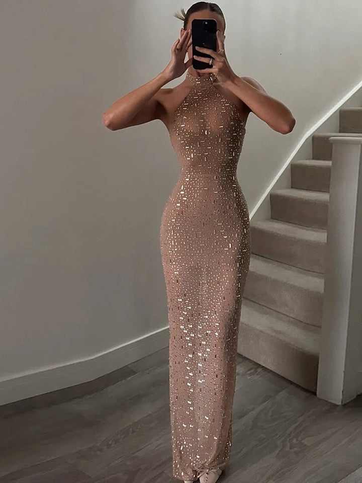 Sisterlinda Sequin Halter Bodycon Dress Women Elegant