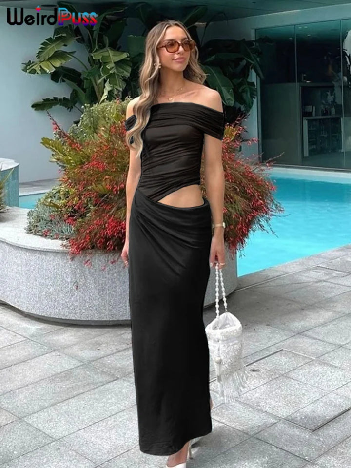 Weird Puss Ruched Mesh Patchwork Slash Neck Dress