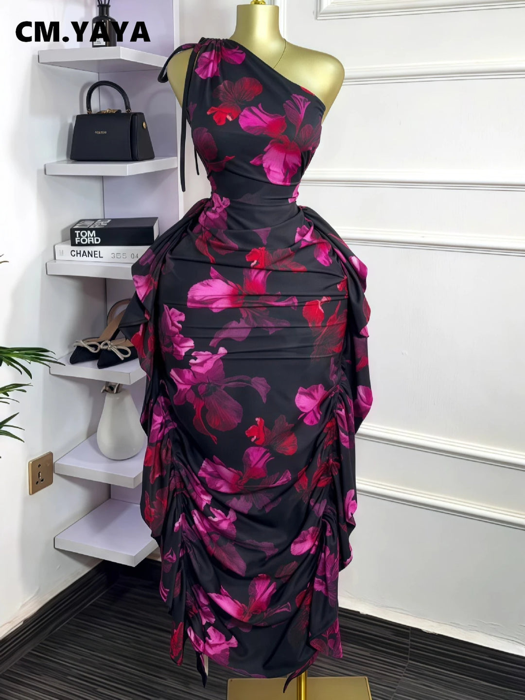 Floral One Shoulder Sleeveless Ruched Bodycon Dress