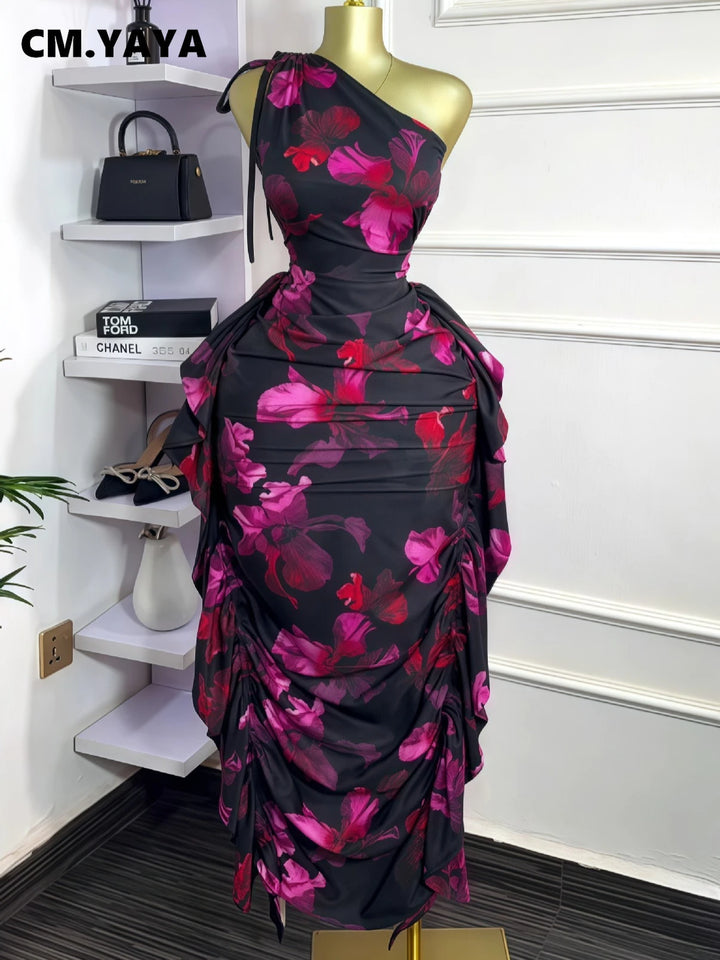 Floral One Shoulder Sleeveless Ruched Bodycon Dress