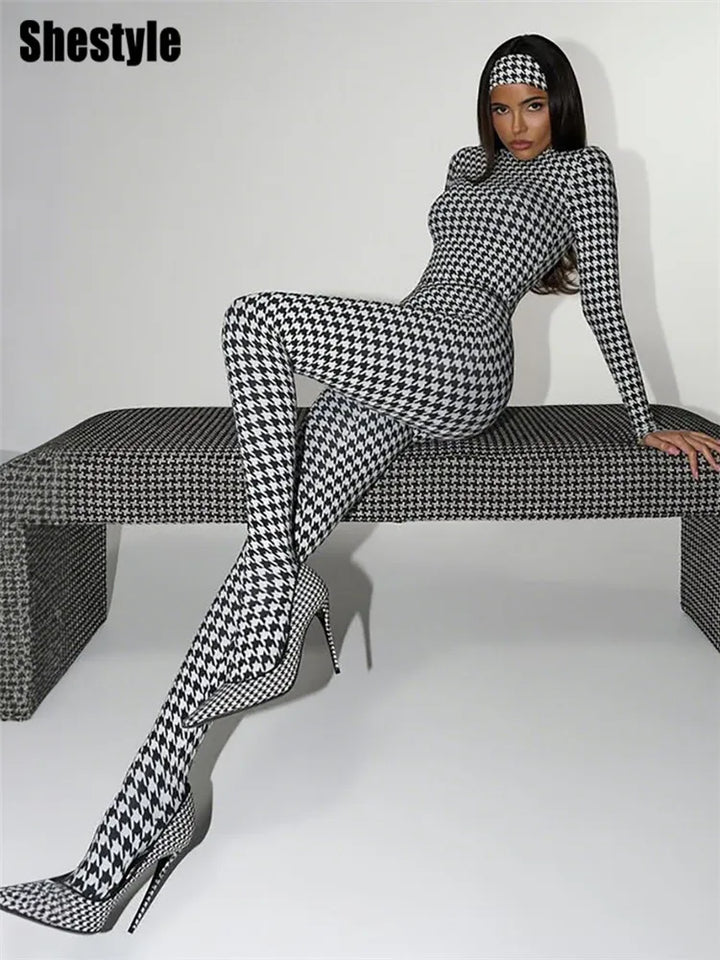 Plaid Bodycon Jumpsuit For Women Winter Zipper
