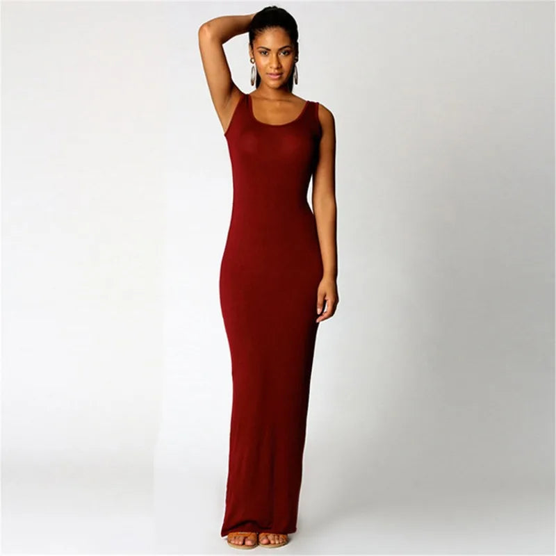 Women Sleeveless Maxi Bodycon Dress Solid Color