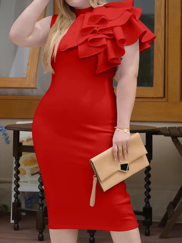 Stunning One Shoulder Midi Evening Dress With