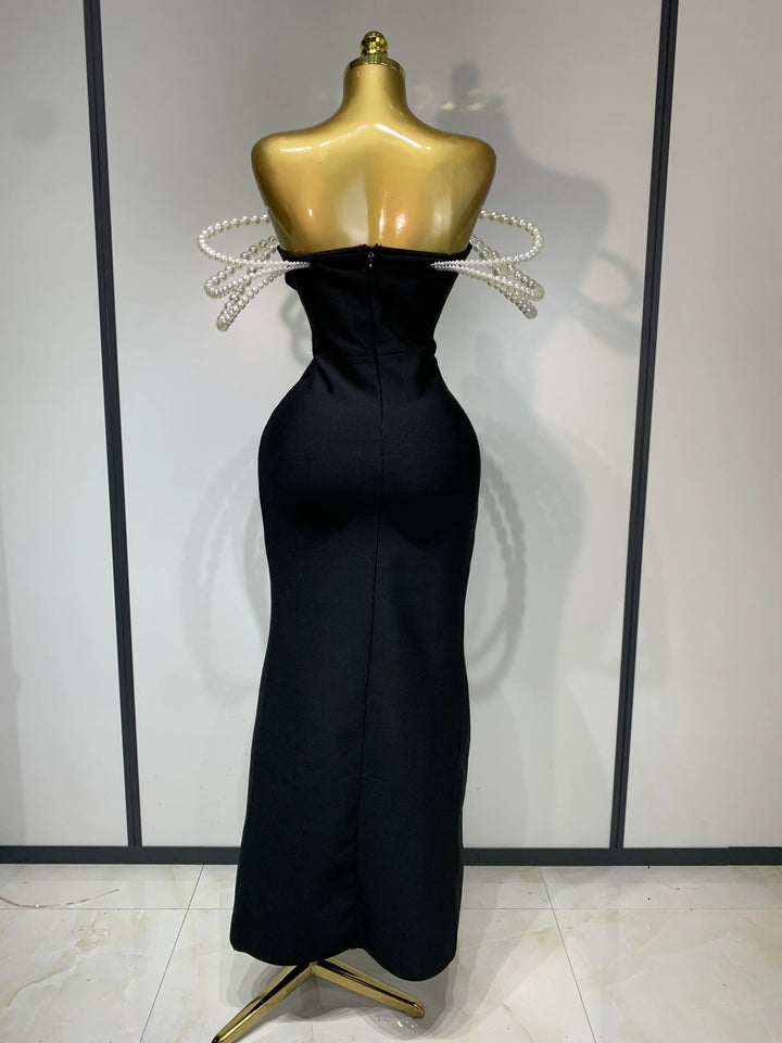 Women Pearls V Neck Maxi Bandage Dress Evening