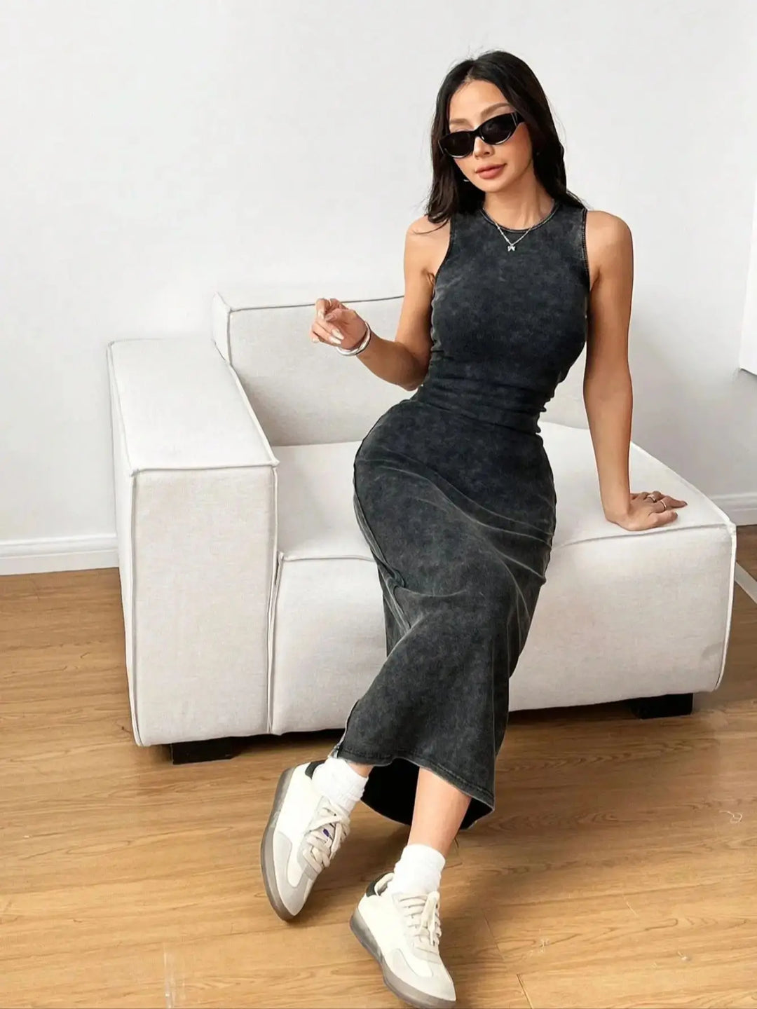 Womens Summer Round Neck Pleated Bodycon Dress