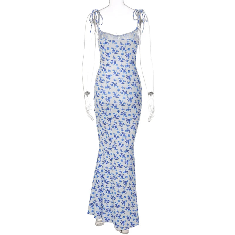 Floral Sleeveless Backless Lace Up Bodycon Maxi